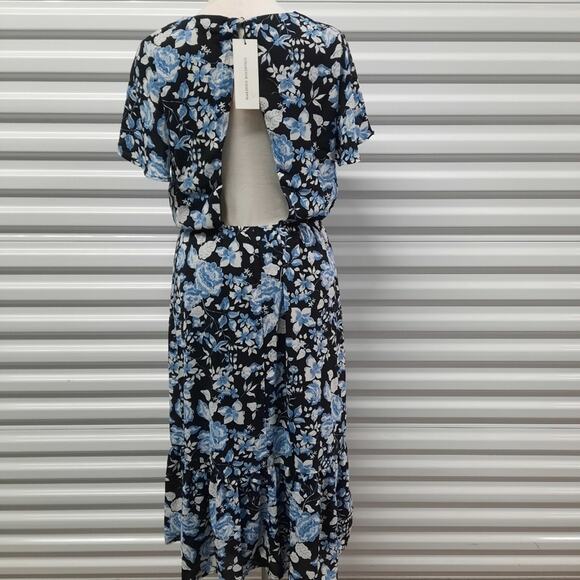 Creative Concepts Dress Women's Medium Black Blue Floral Short Sleeve Open Back - Picture 6 of 12